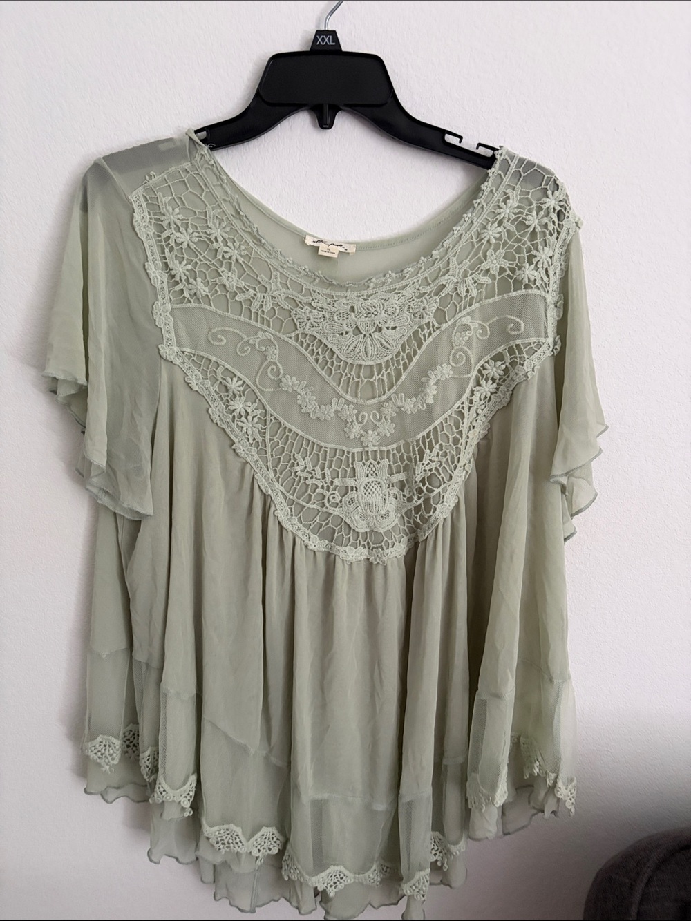 Ultra Pink Light Sage Crochet Yoke Flutter Sleeve Blouse